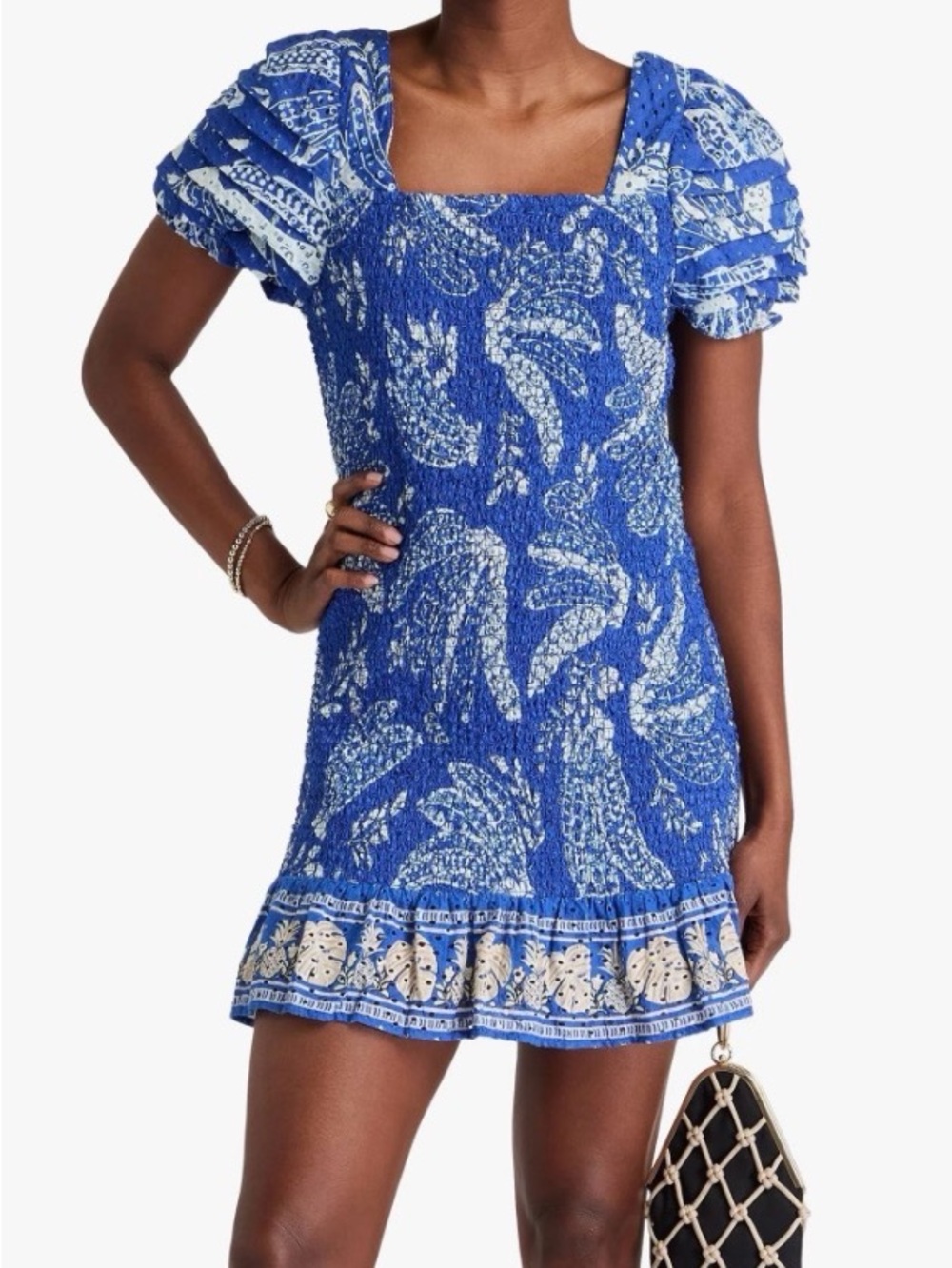 Farm Rio Lace Banana Smocked  Printed Broderie Anglaise Cotton Mini Dress
